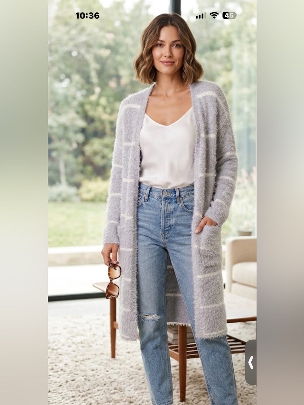 Adrienne Vittadini Light Gray & White Stripe Eyelash Open-Front Cardigan  NWT